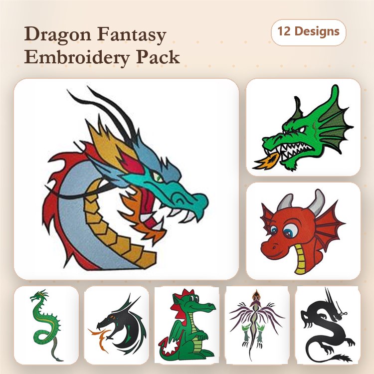 Dragon Fantasy Embroidery Designs Bundle – Chinese Dragon, Green Dragon Head, Red Dragon Head & More (12 Designs)