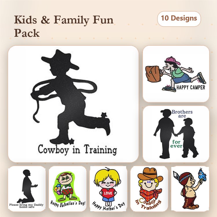 Kids and Family Themes Embroidery Designs Bundle – Cowboy in Training, Happy Camper, Brothers Forever, & More (10 Designs)