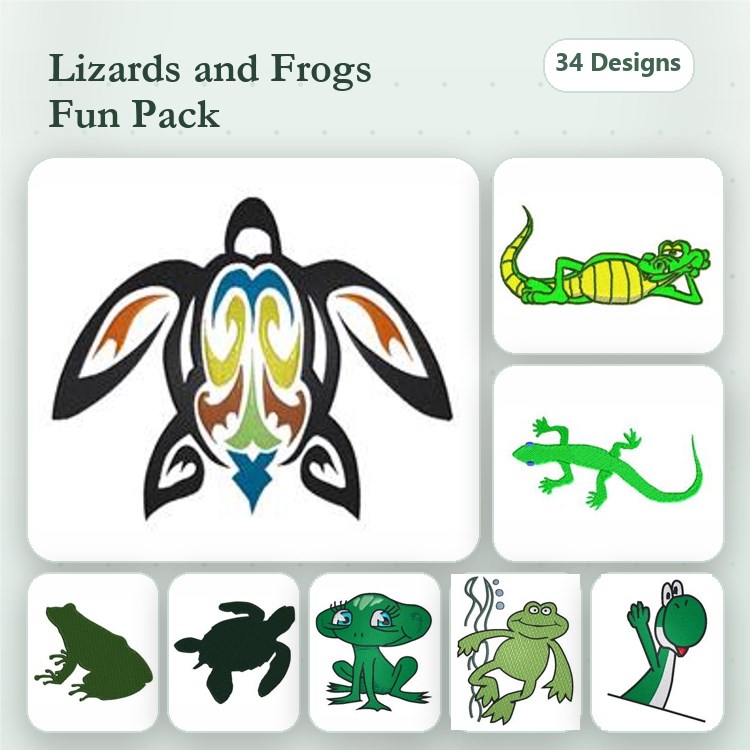 Lizards & Frogs Embroidery Designs Bundle – Colorful Turtle, Green Alligator, Green Gecko & More (34 Designs)