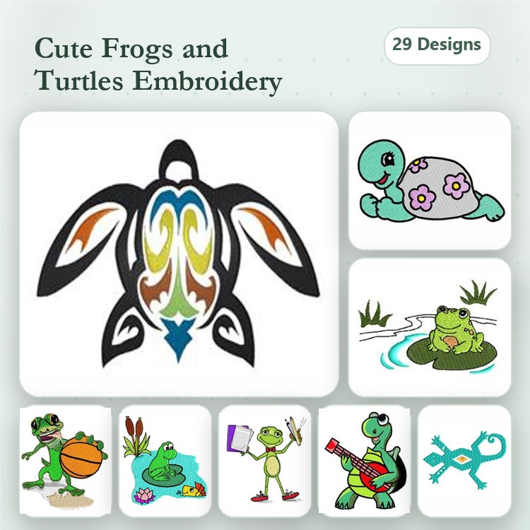 Frogs & Turtles Embroidery Designs Bundle – Colorful Turtle, Frog with Basketball, Frog Reading Book & More (29 Designs)