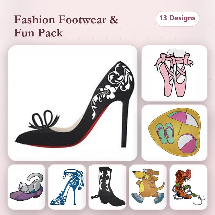 Footwear and Fun Embroidery Designs Bundle – High Heel Shoe, Ballet Slippers, Flip-Flops & More (13 Designs)