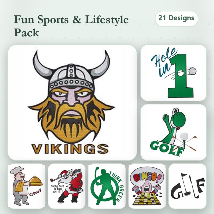Sports and Lifestyle Embroidery Bundle – Viking Mascot, Golf Hole in One, Chef Character & More (21 Designs)