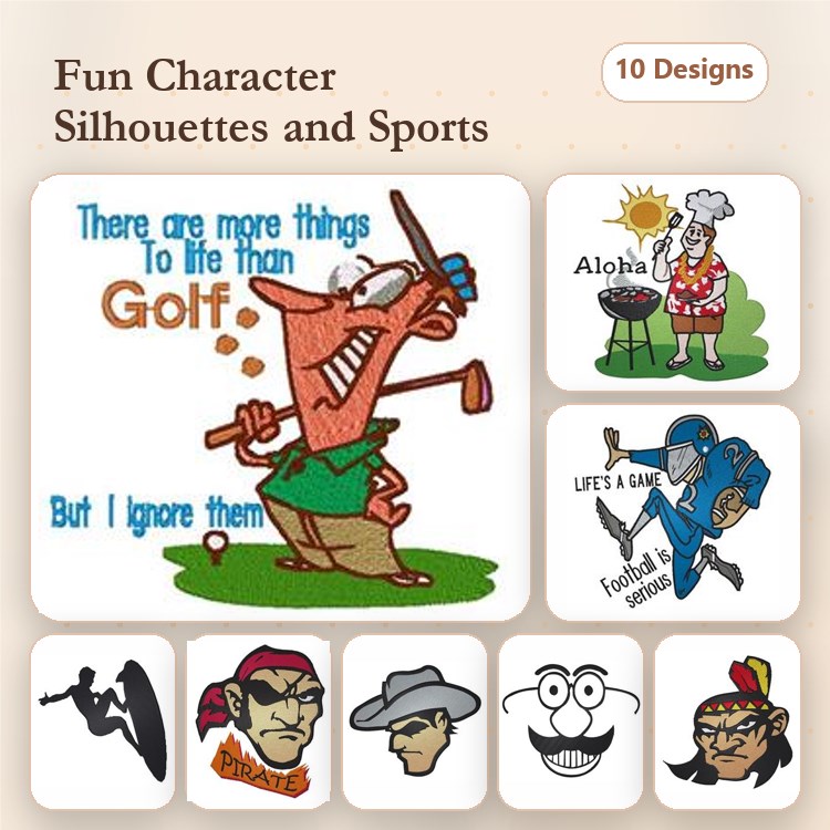 Character Silhouettes & Sports Embroidery Designs Bundle – Golf Humor, Barbecue Chef, Hiking, Sunglasses & More (10 Designs)