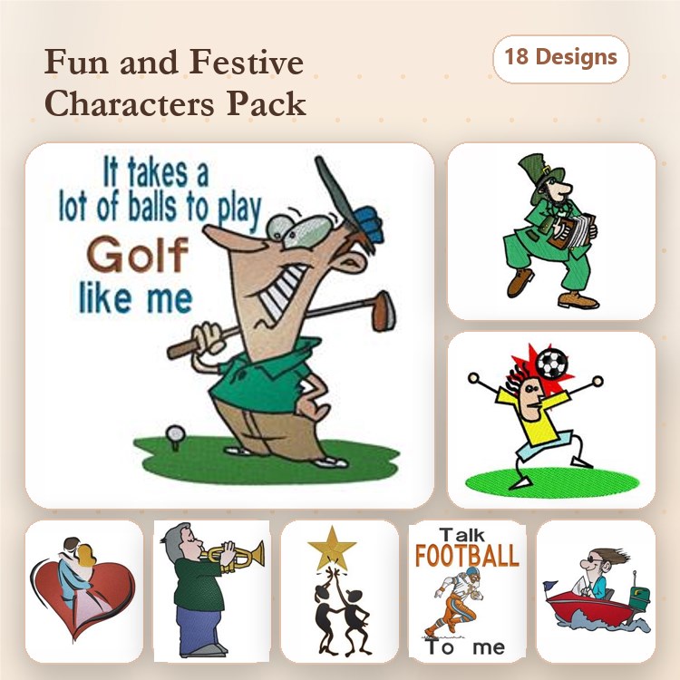 Fun Character Embroidery Designs Bundle – Golfer, Leprechaun, Soccer Player & More (18 Designs)