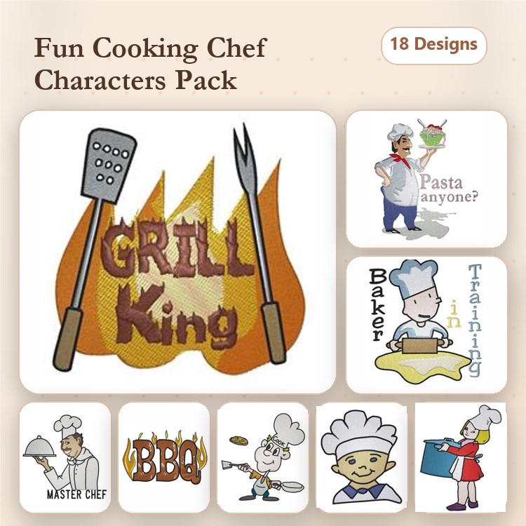 Chef Characters Embroidery Designs Bundle – Grill King, Baker in Training, Master Chef & More (18 Designs)