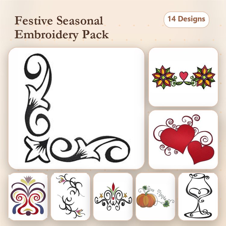 Festive Seasonal Embroidery Bundle – Floral Corner, Two Hearts, Pumpkin & More (14 Designs)