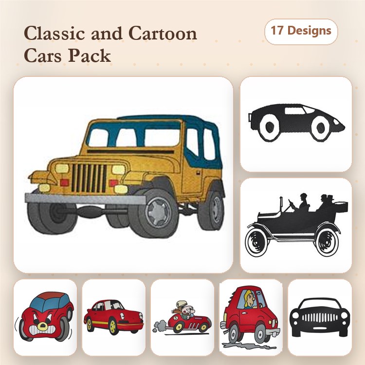 Classic and Cartoon Cars Embroidery Designs Bundle – Yellow Jeep, Red Classic Car, Blue Cartoon Car & More (17 Designs)
