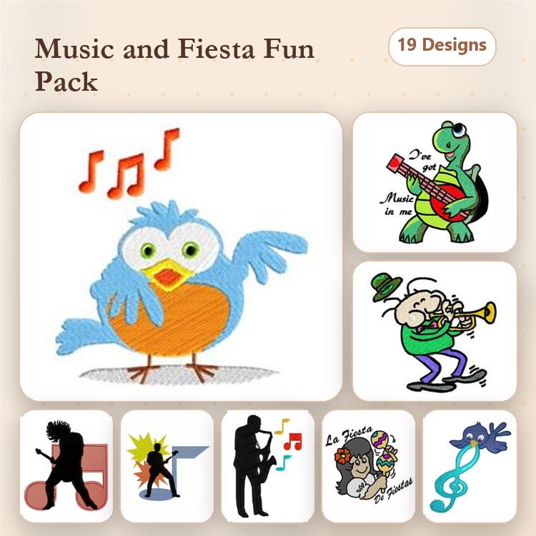Music & Fiesta Embroidery Designs Bundle – Singing Bluebird, Guitar Playing Turtle, Trumpet Player & More (19 Designs)