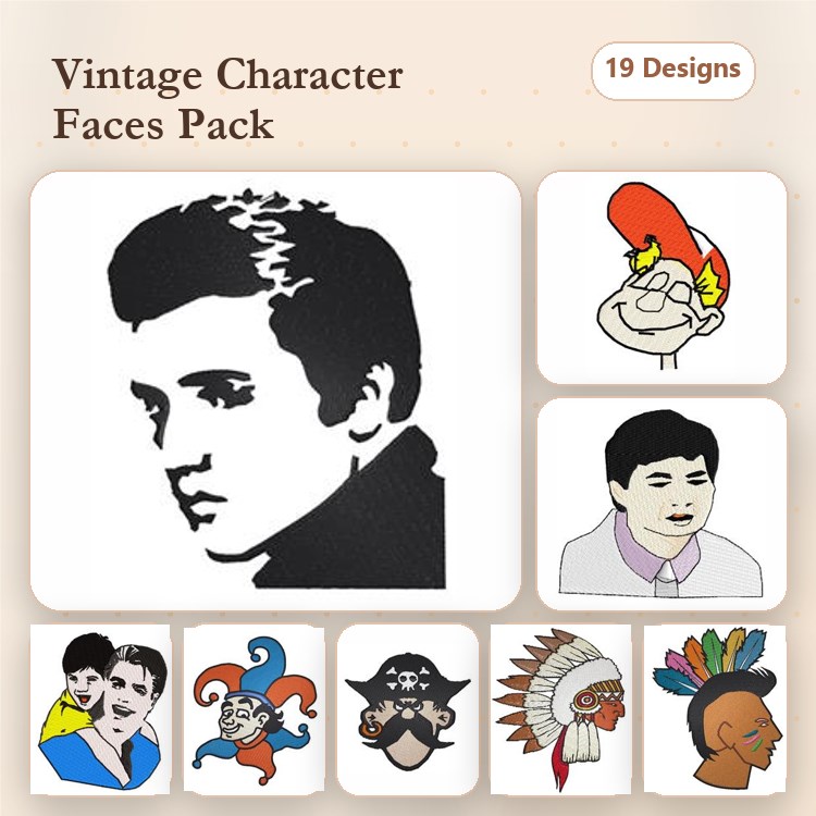 Vintage Character Faces Embroidery Designs Bundle – Vintage Singer, Gentlemen with Suit, Pirate Face & More (19 Designs)