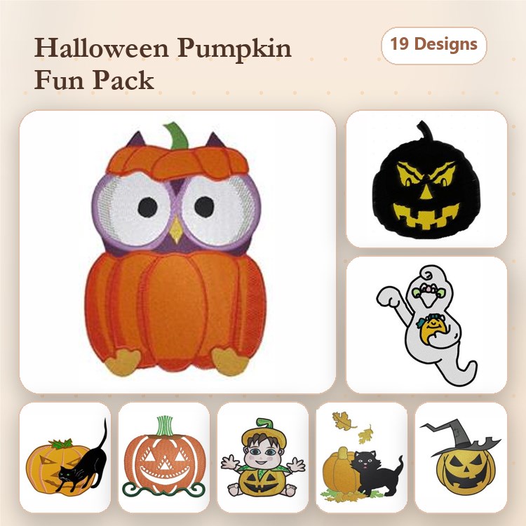 Halloween Pumpkin Embroidery Designs Bundle – Pumpkin Owl, Jack-O'-Lantern Face, Scary Pumpkin & More (19 Designs)