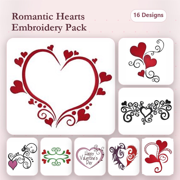 Romantic Heart Embroidery Bundle – Heart with Swirls, Happy Valentine's Day, Floral Heart & More (16 Designs)