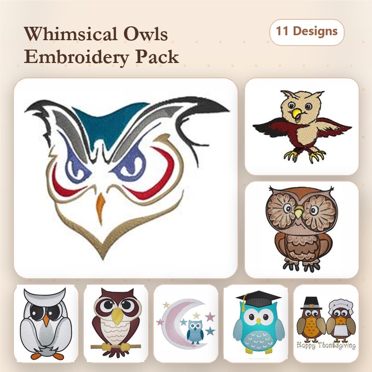 Owl Embroidery Designs Bundle – Stylized Owl, Owl with Glasses, Hooting Owl & More (11 Designs)