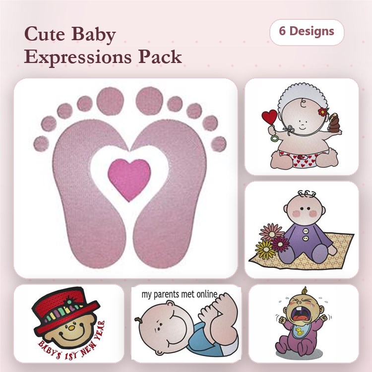 Baby Expressions Embroidery Designs Bundle – Baby Footprints, Heart Balloon, Crying Baby & More (6 Designs)