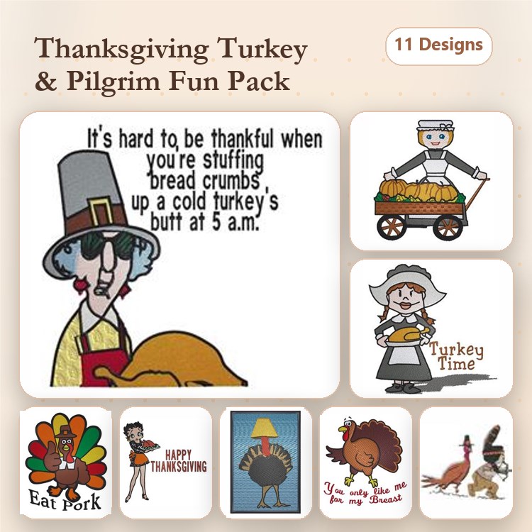 Thanksgiving Turkey & Pilgrims Embroidery Designs Bundle – Cheerful Turkey, Happy Thanksgiving, Pilgrim Woman with Rolling Pin & More (11 Designs)