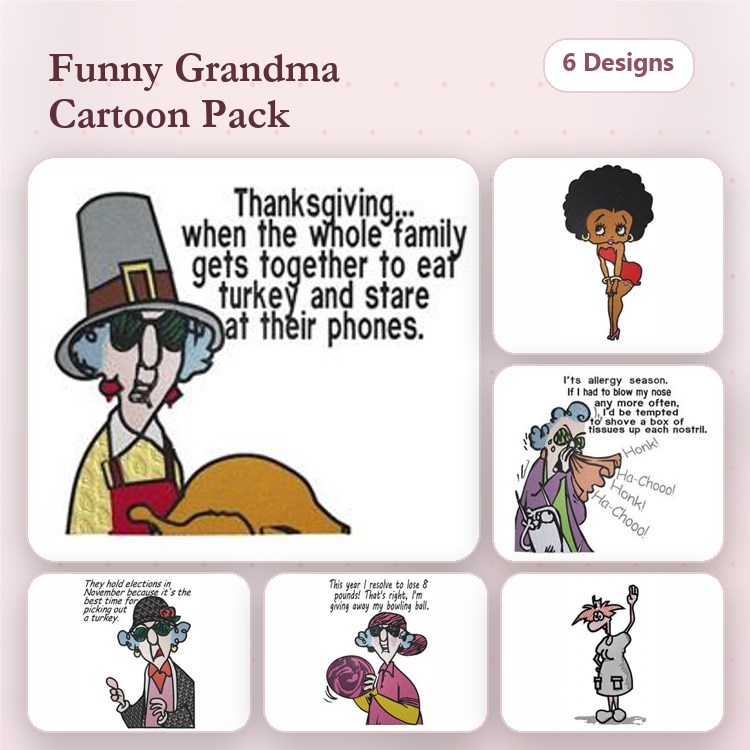 Funny Grandma Cartoons Embroidery Designs Bundle – Grandma with Turkey, Family at Thanksgiving, & More (6 Designs)