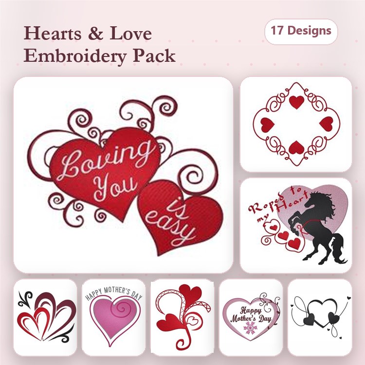 Hearts & Love Embroidery Designs Bundle – Loving You is Easy, Happy Mother's Day Heart, Couple in Love & More (17 Designs)