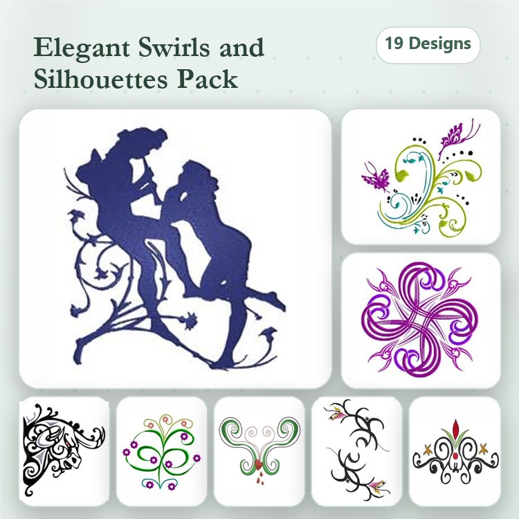 Elegant Swirls & Silhouettes Embroidery Bundle – Silhouette Couple, Floral Swirl, Abstract Swirl & More (19 Designs)