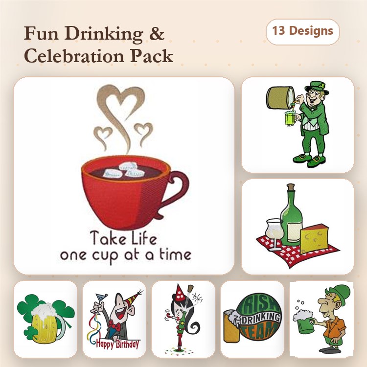 Celebration Themes Embroidery Designs Bundle – Coffee Cup with Hearts, Leprechaun, Beer Bottle & More (13 Designs)