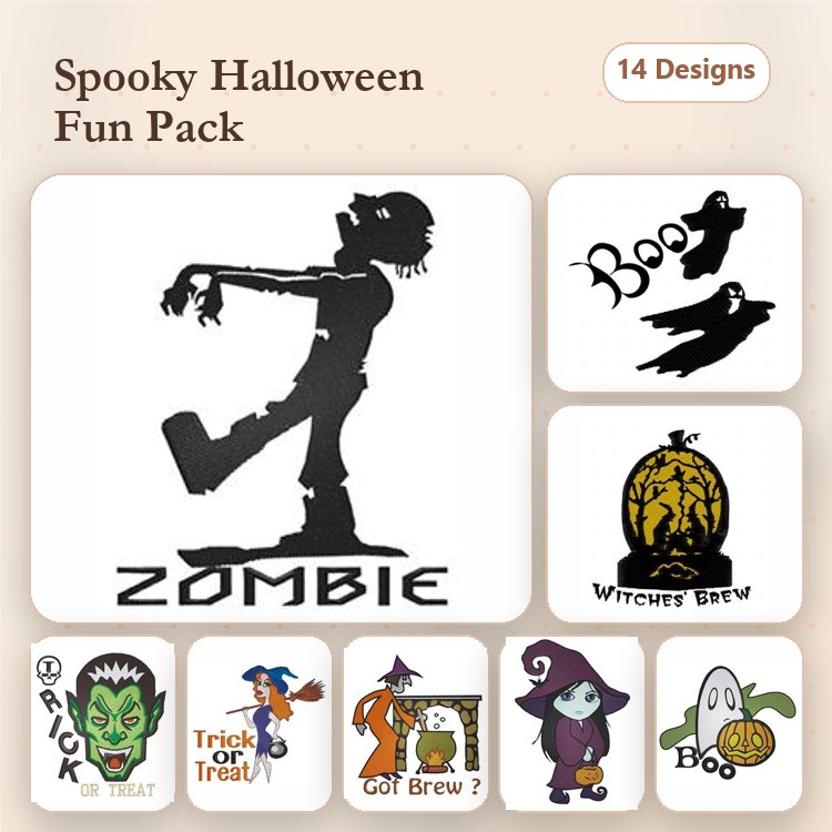 Halloween Embroidery Designs Bundle – Zombie, Witches Brew, Ghost & More (14 Designs)