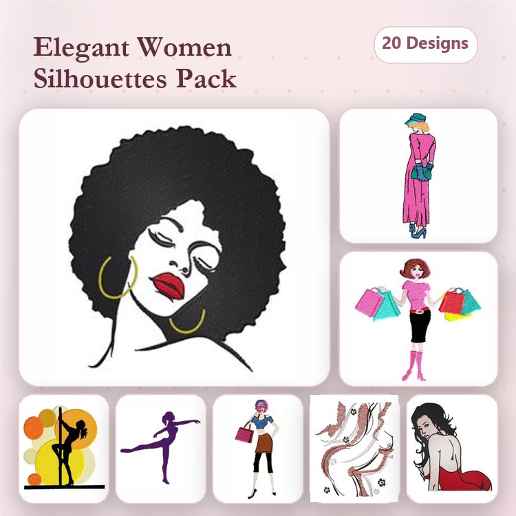 Elegant Women Silhouettes Embroidery Designs Bundle – Woman with Afro Hairstyle, Dancer Silhouette & More (20 Designs)