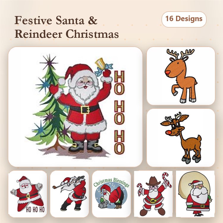 Santa & Reindeer Christmas Embroidery Bundle – Santa with Christmas Tree, Reindeer with Bell & More (16 Designs)