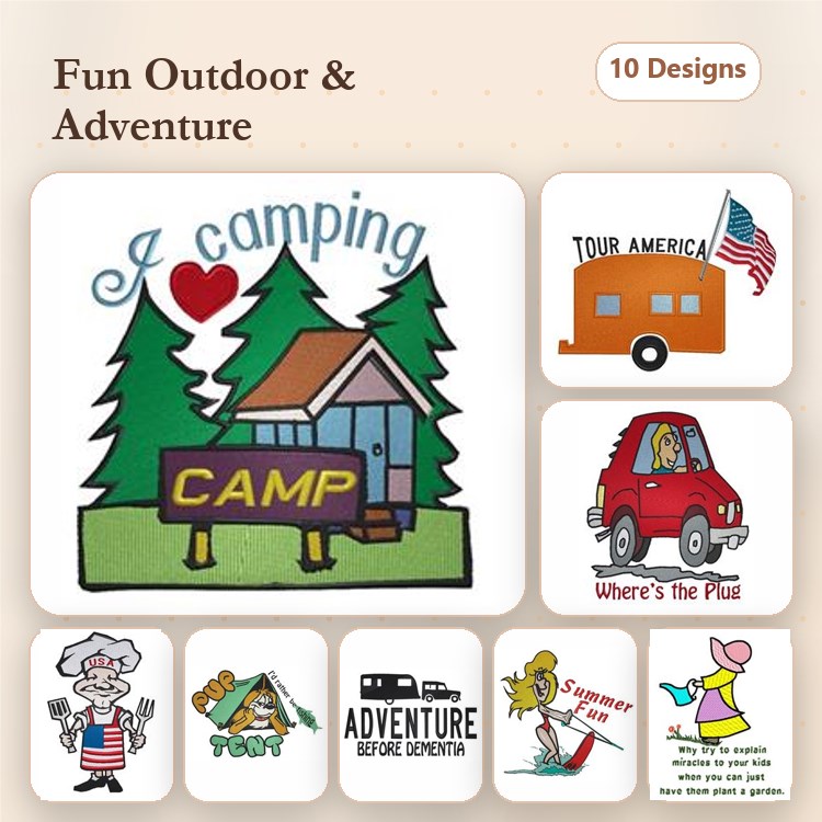 Camping & Adventure Embroidery Bundle – Outdoor Fun (10 Designs)