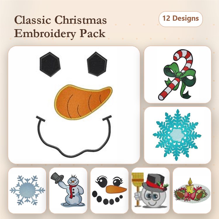 Christmas Decoration Embroidery Designs Bundle – Snowman Face, Candy Cane, Christmas Tree & More (12 Designs)