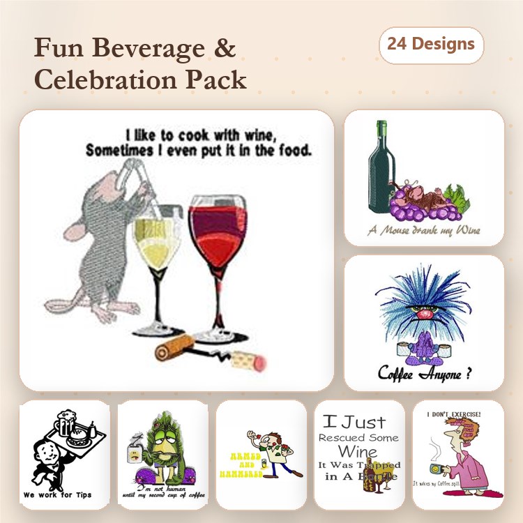 Funny Beverage Celebrations Embroidery Designs Bundle – Mouse with Wine Glasses, Party Celebrations & More (24 Designs)