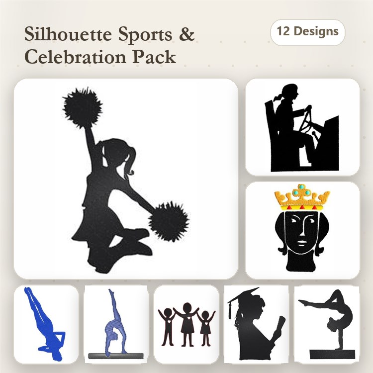 Sports and Celebration Silhouettes Embroidery Designs Bundle – Cheerleader, Musician, Graduate & More (12 Designs)