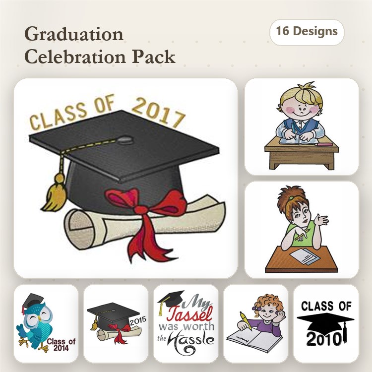 Graduation Celebration Embroidery Designs Bundle – Graduation Cap, Graduate Owl, Class of 2017 Banner & More (16 Designs)