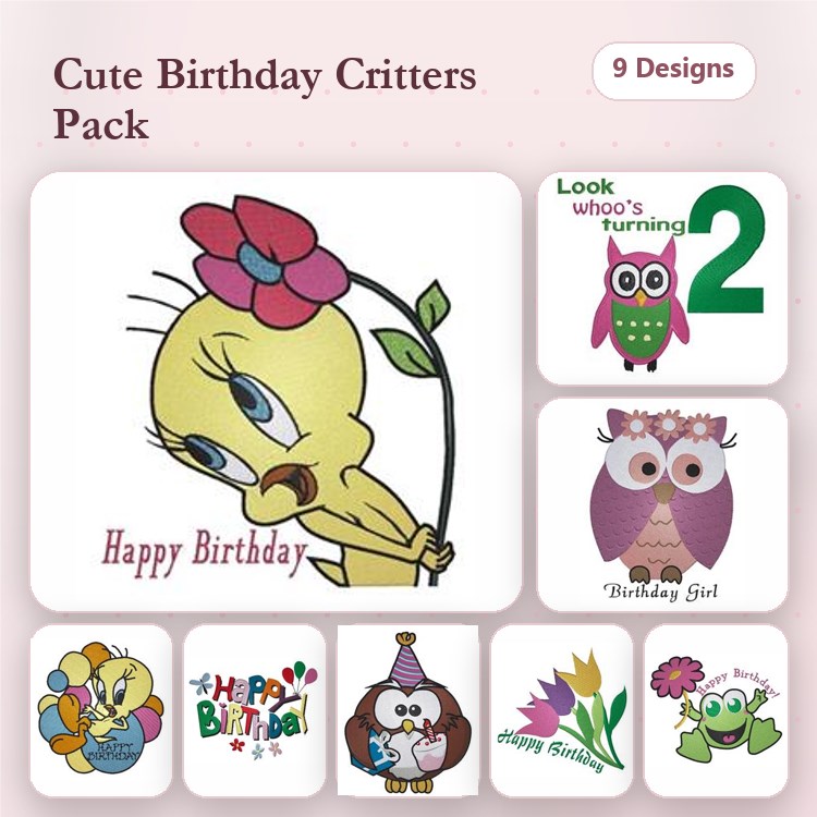 Birthday Critters Embroidery Designs Bundle – Tweety Bird, Birthday Owl, Happy Birthday Text & More (9 Designs)