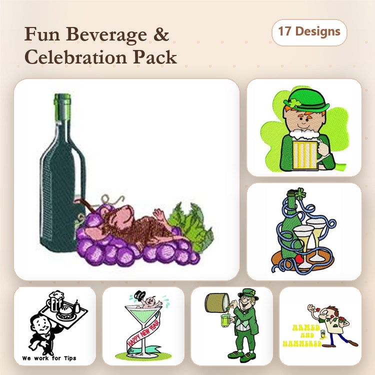 Beverage & Celebration Embroidery Designs Bundle – Wine Bottle, Grapes, Irish Man, Leprechaun & More (17 Designs)
