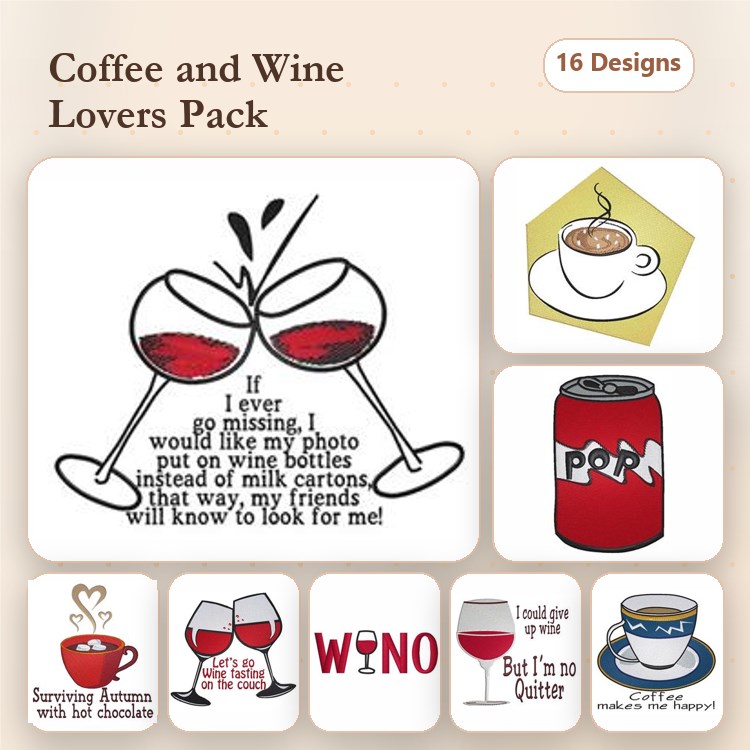 Coffee & Wine Embroidery Designs Bundle – Coffee Cup, Wine Glasses, Funny Quotes & More (16 Designs)