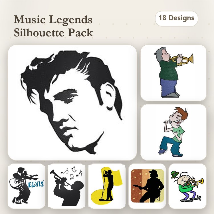 Music Legends Silhouette Embroidery Designs Bundle – Elvis, Jazz Musician, Singer & More (18 Designs)