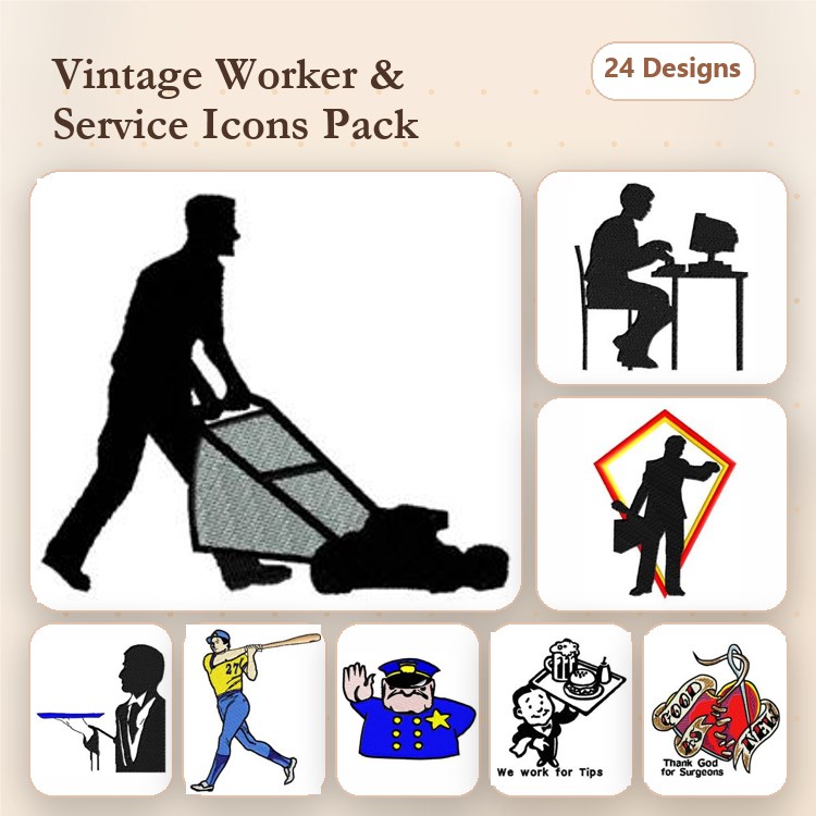 Vintage Worker & Service Icons Embroidery Designs Bundle – Worker with Cart, Office Worker, Businessman & More (24 Designs)