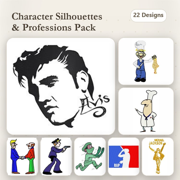 Character Silhouettes Embroidery Bundle – Elvis Presley, Chef, Businessman & More (22 Designs)