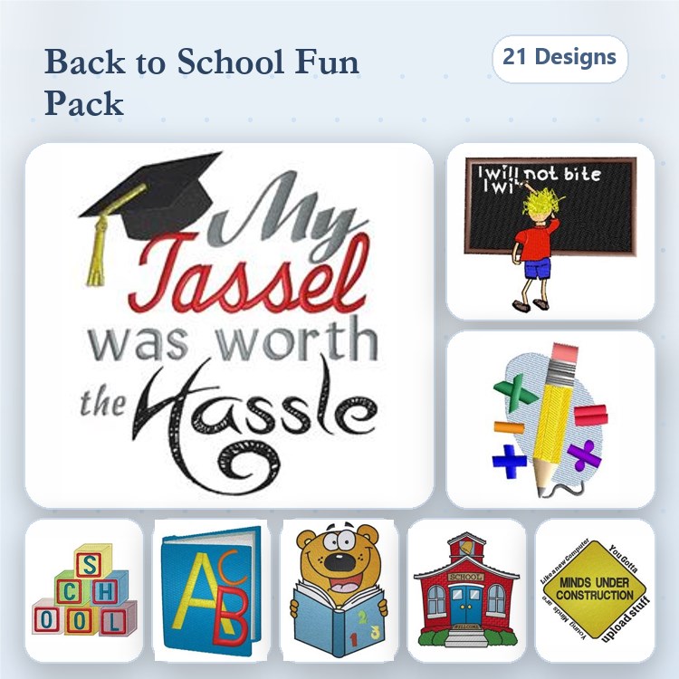 Back to School Embroidery Designs Bundle – Graduation Cap, Chalkboard, Cartoon Bear & More (21 Designs)