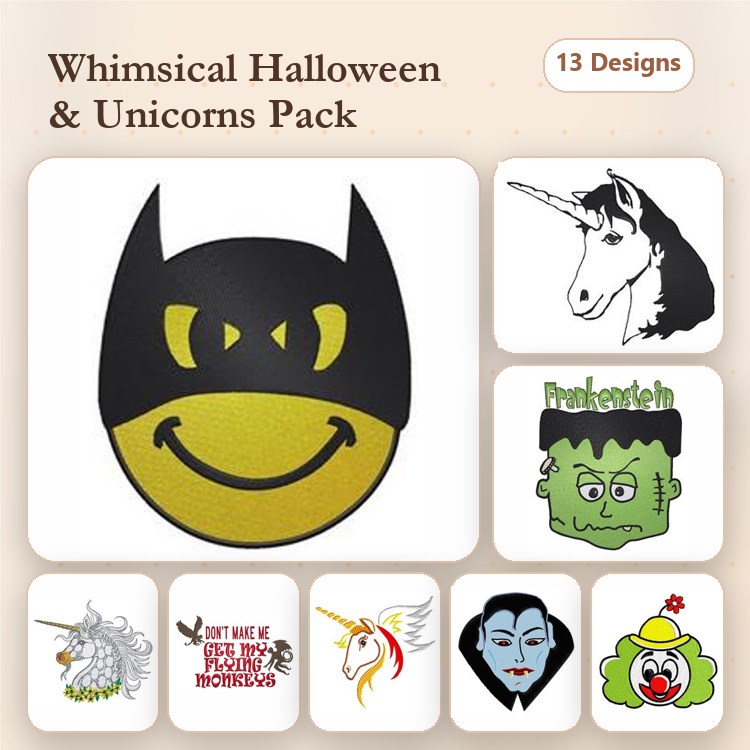 Whimsical Halloween & Unicorns Embroidery Designs Bundle – Bat Emoji, Frankenstein Face, Vampire Face & More (13 Designs)