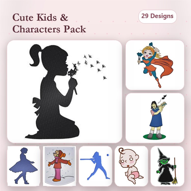 Cute Kids and Characters Embroidery Designs Bundle – Girl Blowing Dandelions, Superhero Girl, Dancer Girl & More (29 Designs)