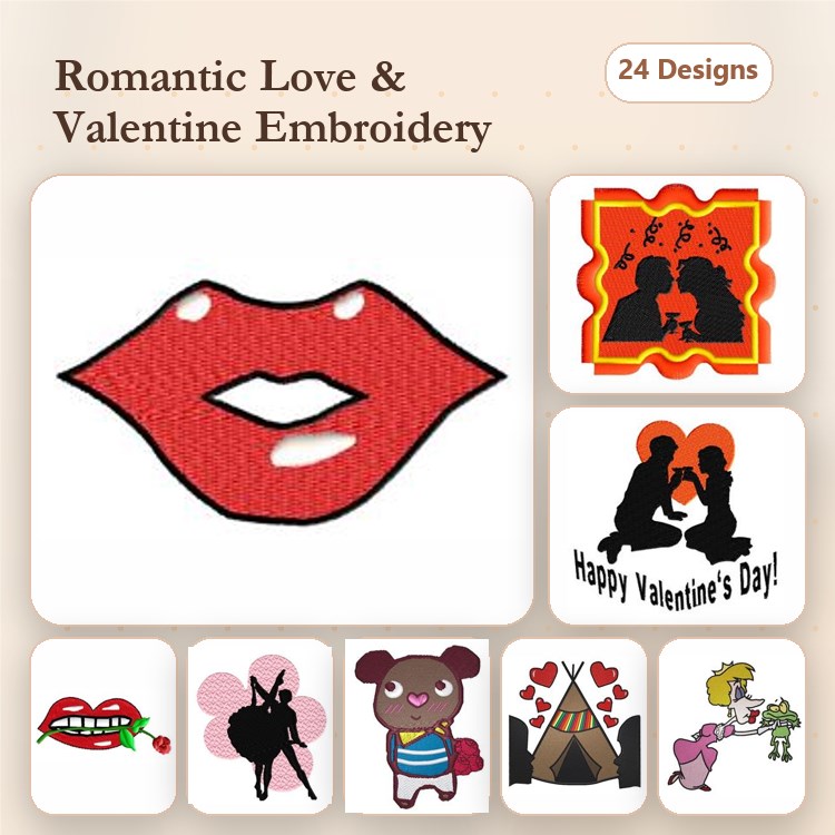 Romantic Love Embroidery Designs Bundle – Red Lips, Kissing Silhouette, Love Bear & More (24 Designs)