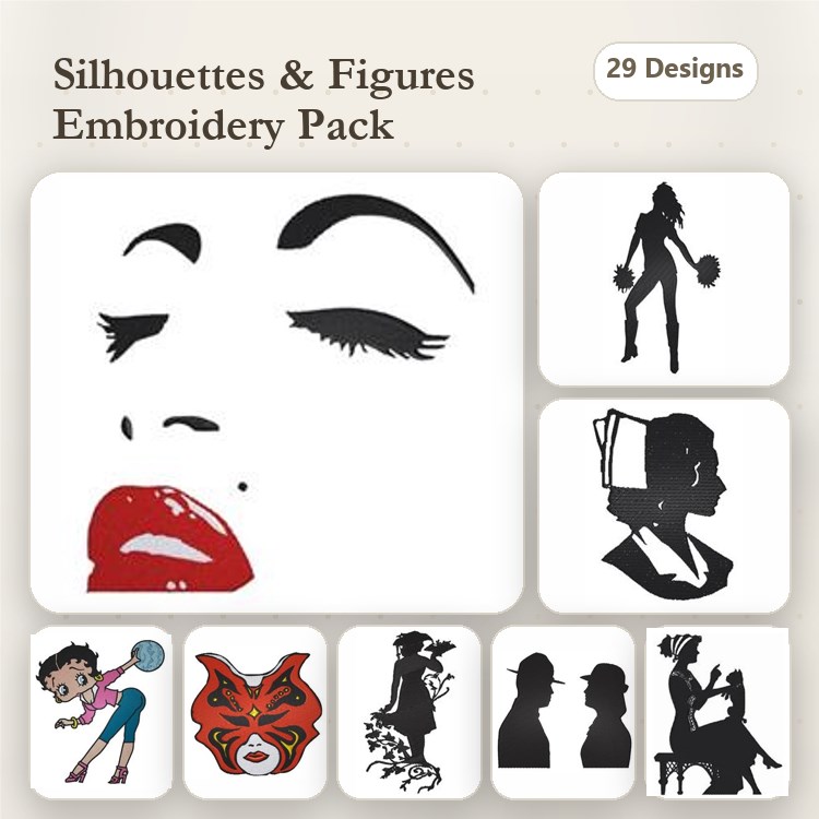 Silhouettes and Figures Embroidery Designs Bundle – Female Face, Basketball Player, Nurse, Couple & More (29 Designs)