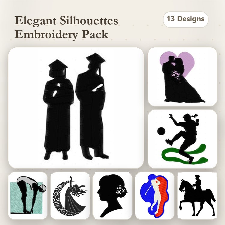 Elegant Silhouettes Embroidery Bundle – Graduation Couple, Dancing Couple, Soccer Player & More (13 Designs)