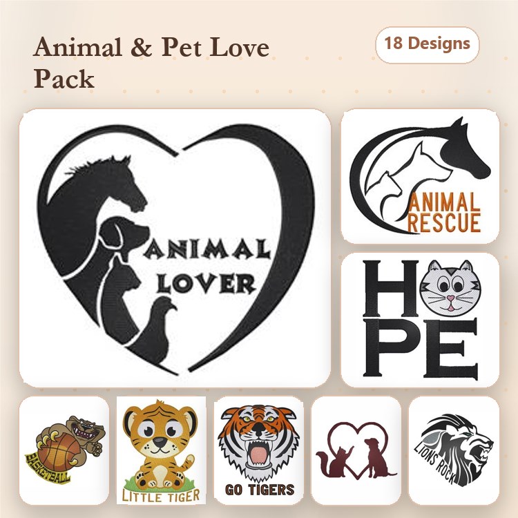 Tiger & Lion Embroidery Bundle – Pet Adoption and Sports Themes (18 Designs)