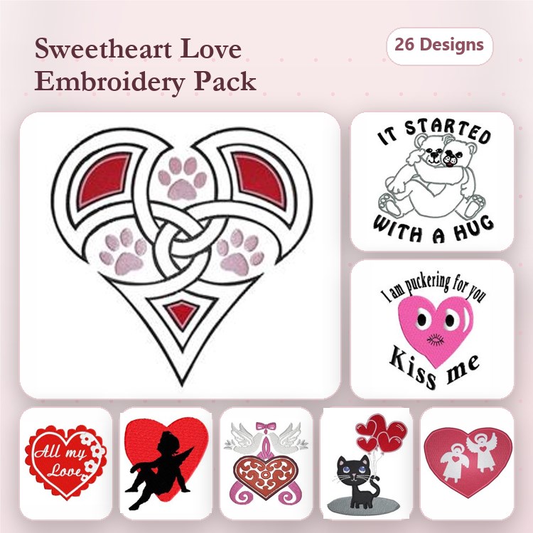 Sweetheart & Love Embroidery Designs Bundle – Celtic Heart with Paw Prints, Kiss Me, I Am Purring for You & More (26 Designs)