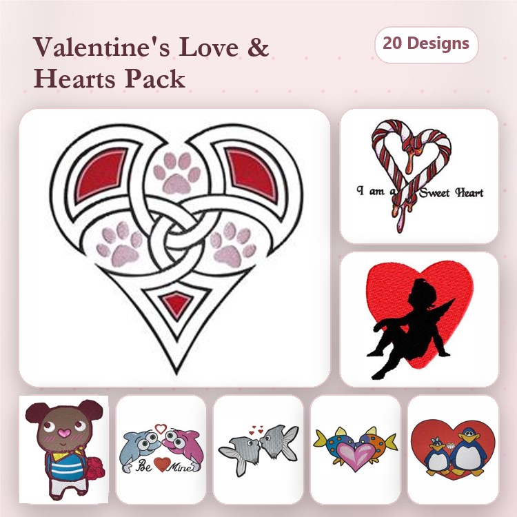 Valentine's Day Heart Embroidery Designs Bundle – Celtic Heart with Paw Prints, Love Elephants, Penguin Love & More (20 Designs)