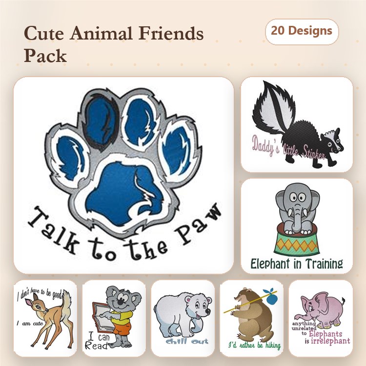 Cute Animal Friends Embroidery Bundle – Paw Print, Skunk, Elephant, Deer & More (20 Designs)