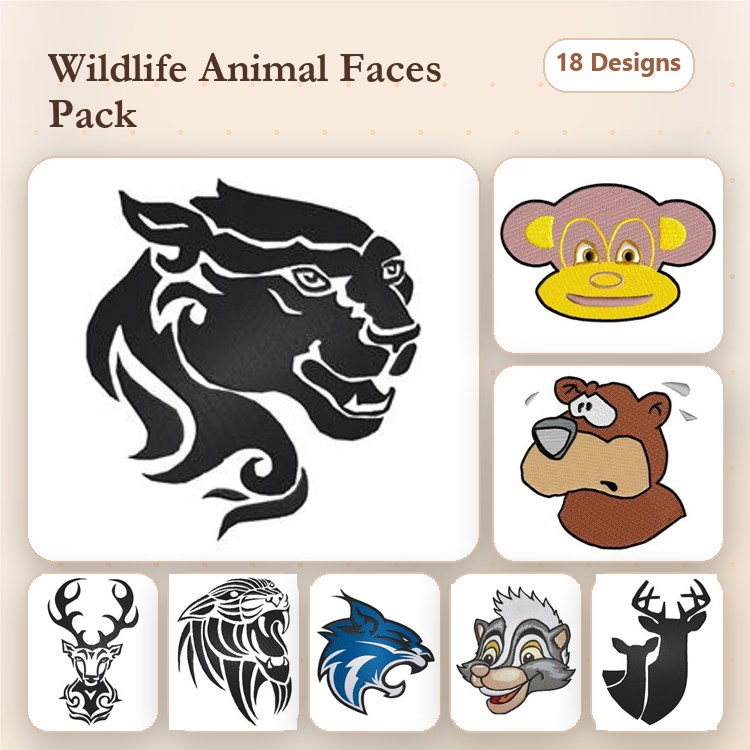 Animal Faces Embroidery Bundle – Lion, Monkey, Bear & More (18 Designs)