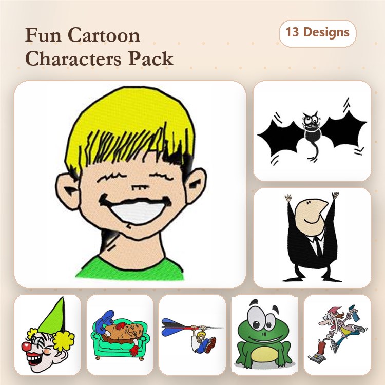 Fun Cartoon Characters Embroidery Designs Bundle – Smiling Boy, Clown Face, Businessman & More (13 Designs)