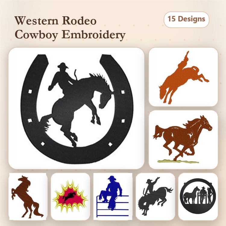 Western Rodeo Cowboy Embroidery Designs Bundle – Cowboy on Horse, Horse Silhouette, Rodeo Rider & More (15 Designs)