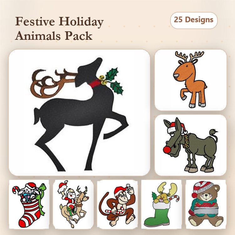 Festive Holiday Animals Embroidery Designs Bundle – Reindeer with Holly, Santa Cat, Santa Dog & More (25 Designs)
